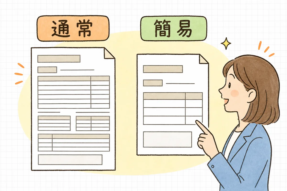 通常の適格請求書とレジ向けの適格簡易請求書の違いを、宛先が不要になり適用税率か消費税額のどちらかでよい点で対比した図