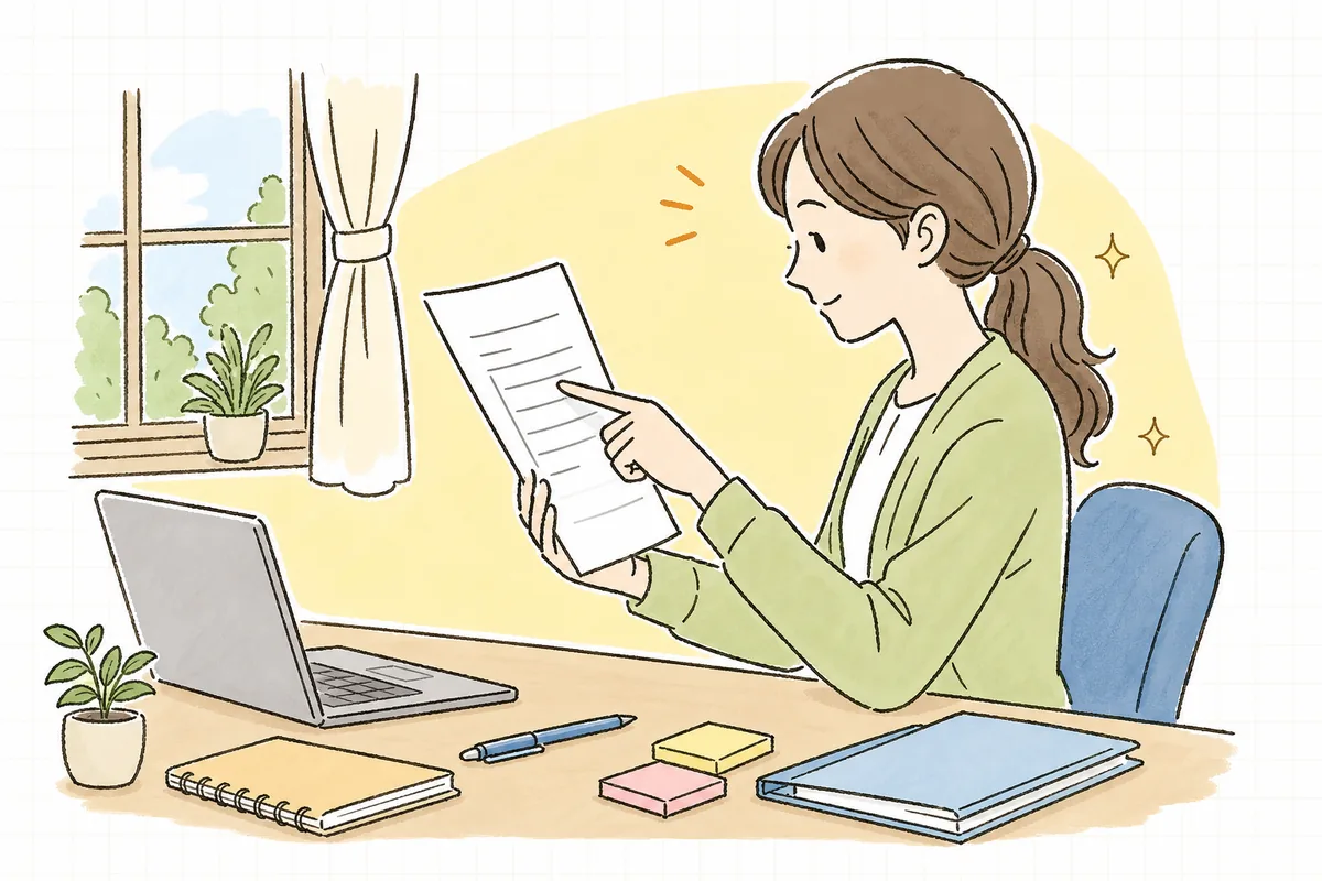 自社の請求書フォーマットを印刷して手に取り、インボイスの記載事項がそろっているか一項目ずつ確かめているひとり経理の担当者