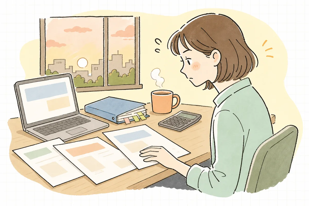 支払日の前日、紙の請求書とノートパソコンを見比べながら、どれが最新の振込先なのか分からず首をかしげているひとり経理の担当者