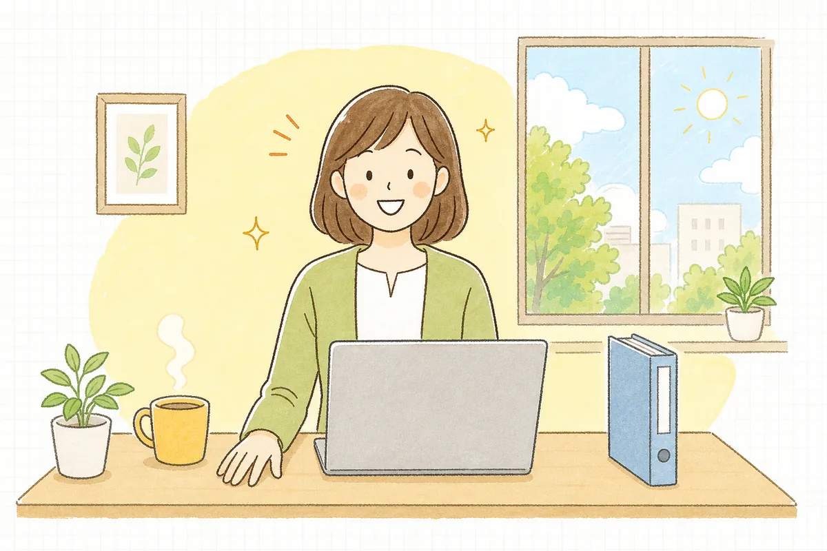 取引先の一覧表を見ながら落ち着いて振込の準備を進め、ほっとした笑顔を見せるひとり経理の担当者