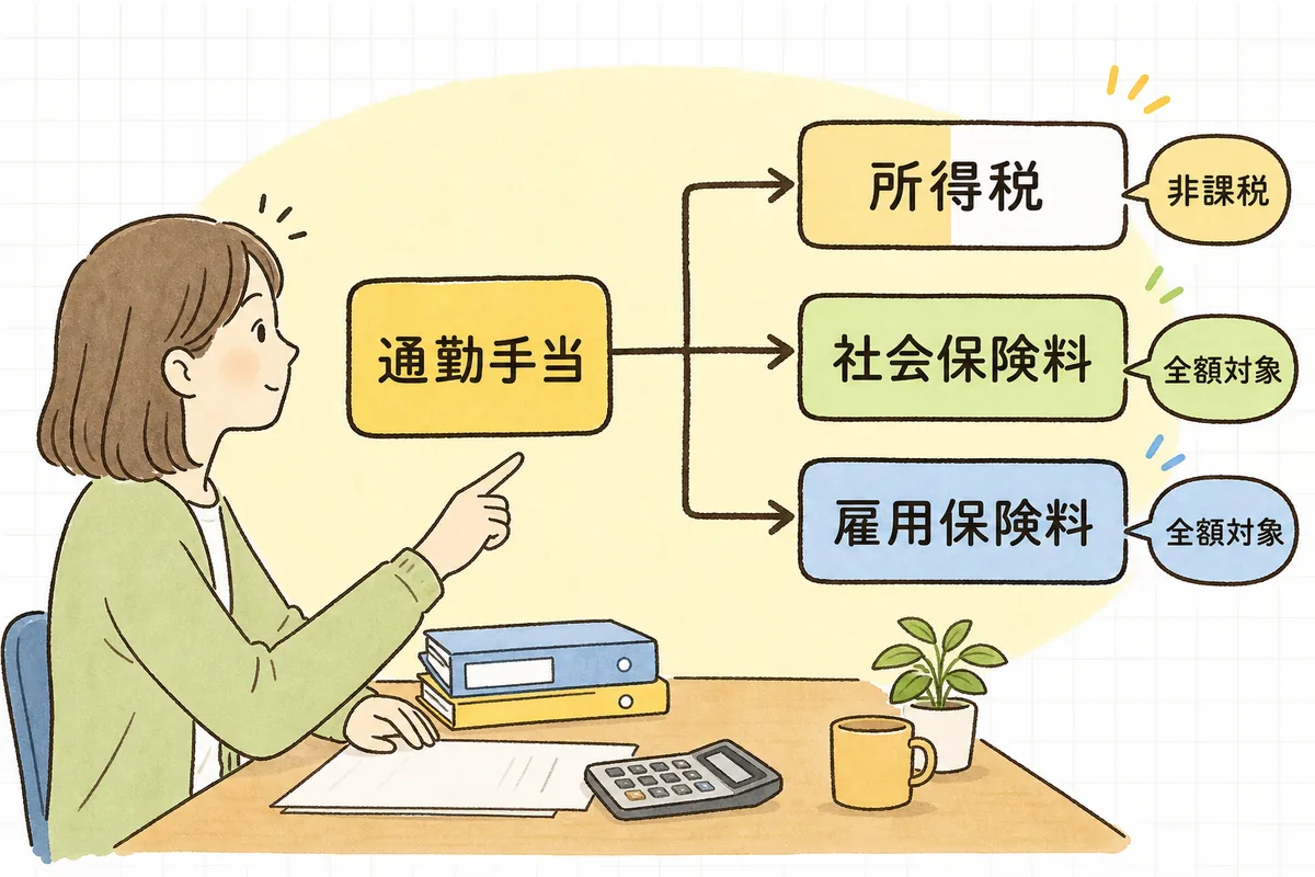 通勤手当が所得税では非課税限度額まで非課税、社会保険料と雇用保険料では全額が対象になることを分けて示した図