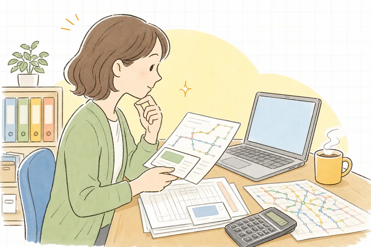 給与計算の途中で通勤手当の非課税限度額を確かめようと、通勤経路の申請書と給与ソフトの画面を見比べている経理担当者