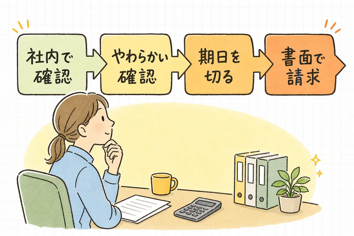 督促を社内確認・やわらかいリマインド・正式な督促・書面の順に、少しずつ段階を上げていく流れを示した図