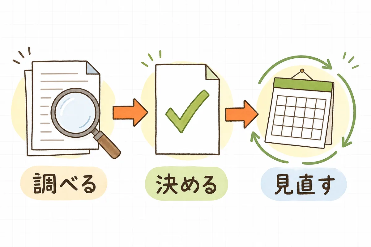 左から右へ、虫めがねで書類を確かめる絵、チェックの入った用紙の絵、カレンダーと循環矢印の絵が矢印でつながり、それぞれの下に「調べる」「決める」「見直す」のラベルがある図