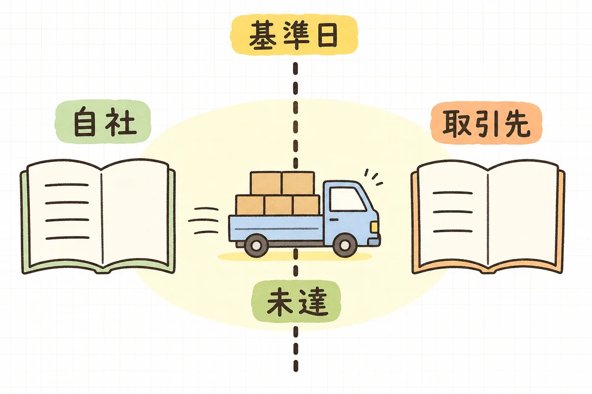 自社と取引先が同じ取引を違う日付で計上するため、基準日の時点では残高がズレることを示した図