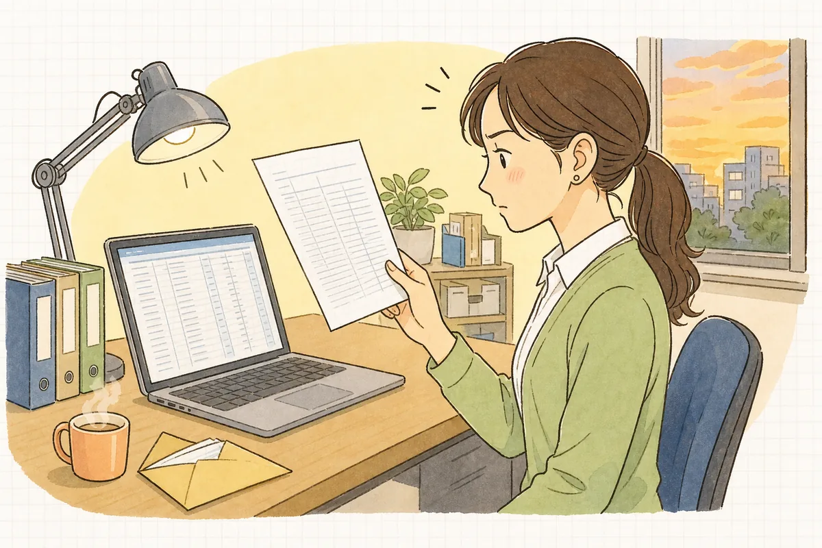 取引先から届いた残高確認書を手に持ちながら、パソコンに映した自社の売掛金の明細と見比べて、数字が合わずに手が止まっているひとり経理の担当者