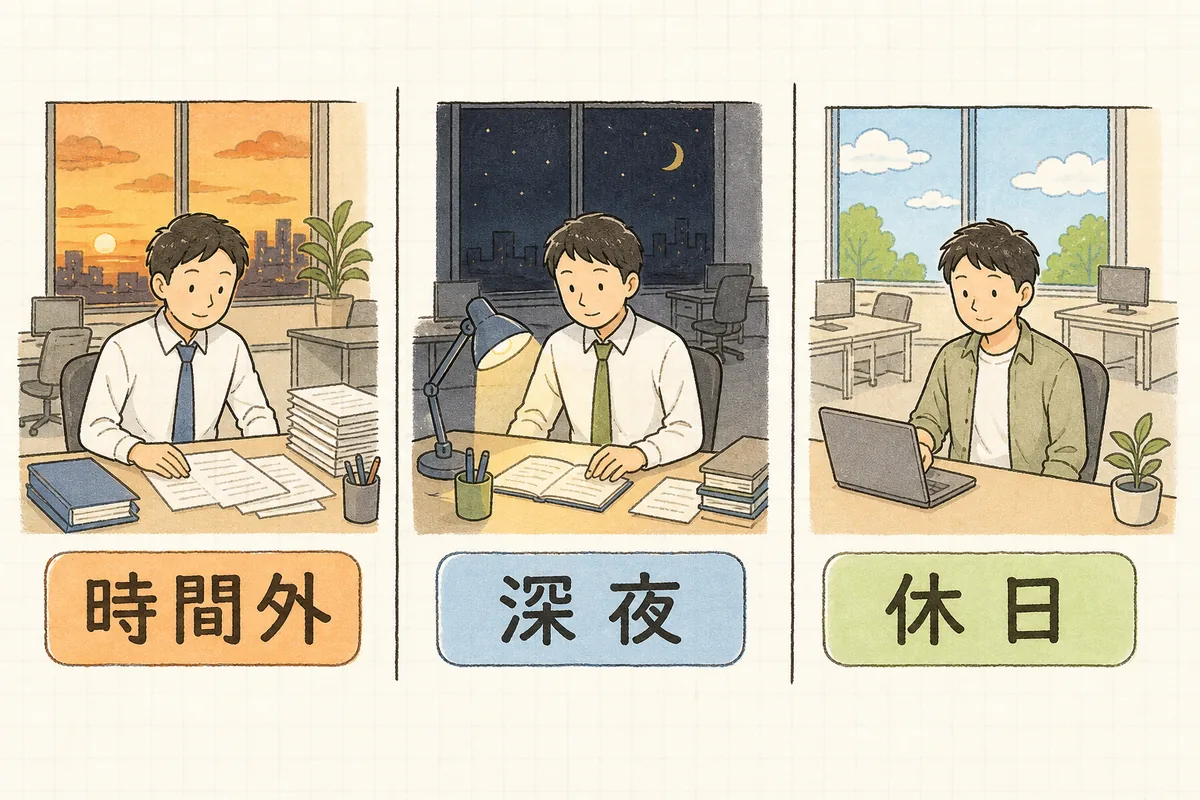 割増賃金が必要になる3つの場面(時間外・深夜・休日)を、夕方の残業・真夜中の勤務・休日出勤の3つの情景で並べて示した図