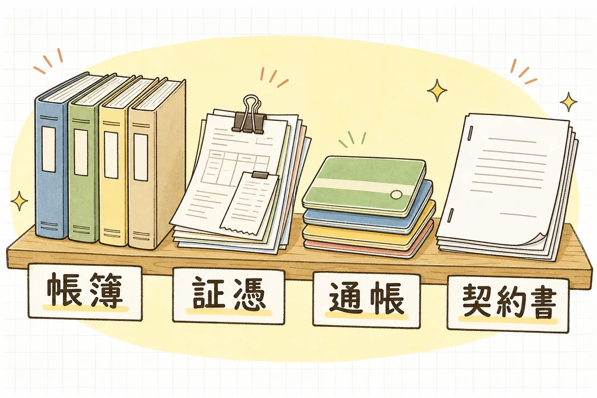 税務調査で確認される主な書類を帳簿・証憑・通帳・契約書の4つのグループに分けて棚に並べた図